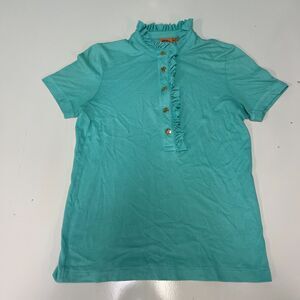 TORY BURCH M PIMA COTTON BLEND BRIGHT TEAL POLO RUFFLE TOP GOLD LOGO BUTTONS